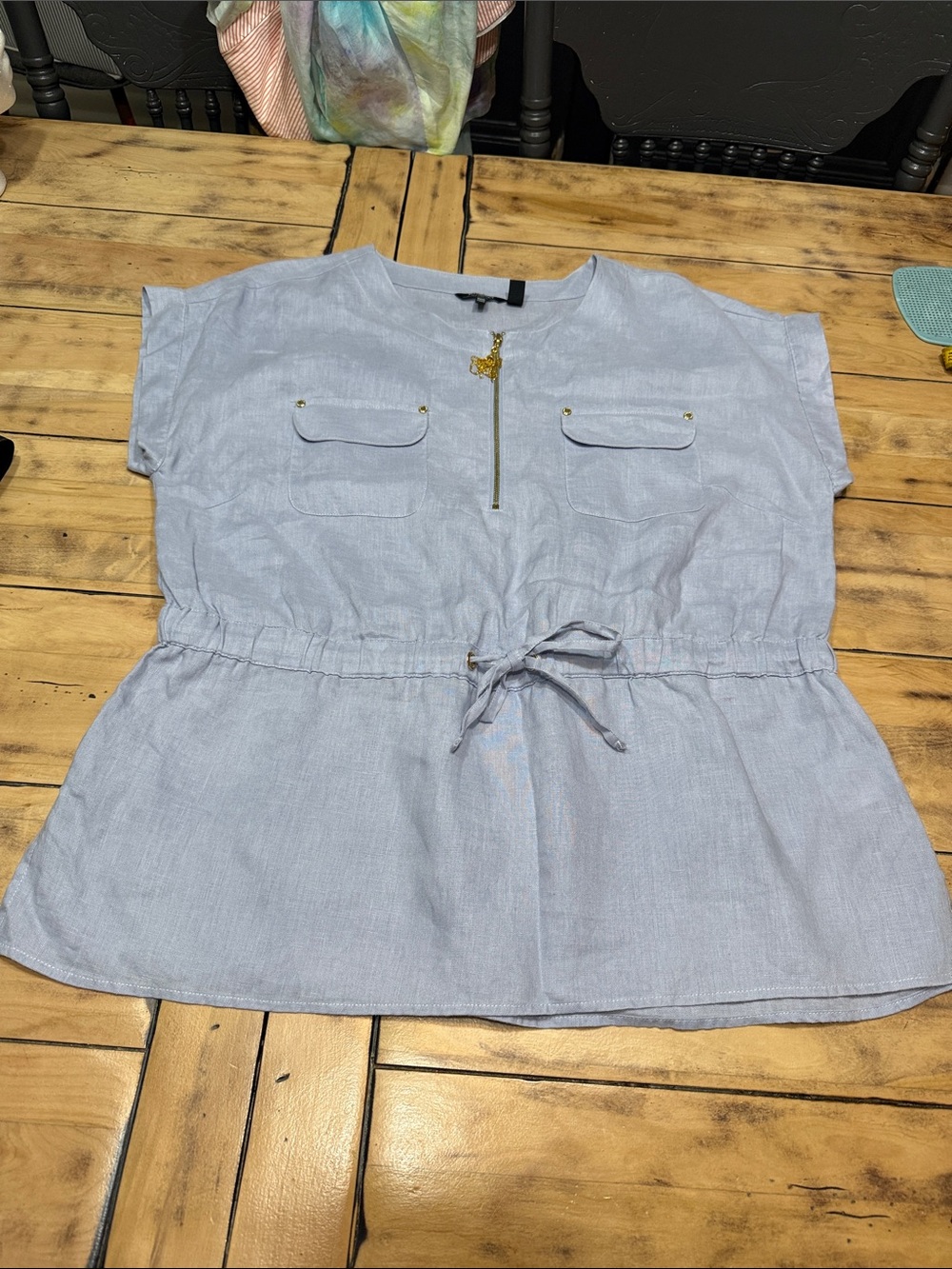 Ellen Tracy Linen Light Blue Drawstring Tunic Top - Picture 4 of 9